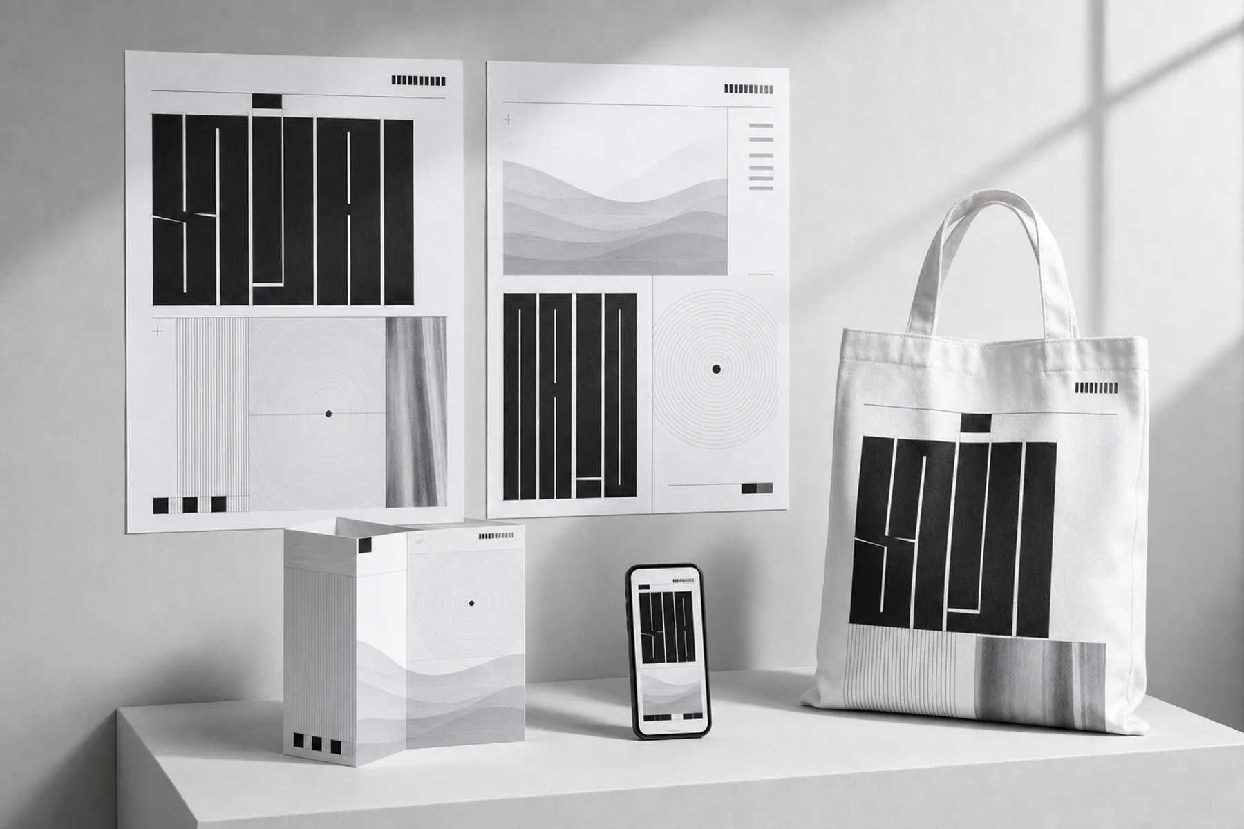 Signal Surface campaign graphics applied to posters, packaging, a tote, and a mobile screen.