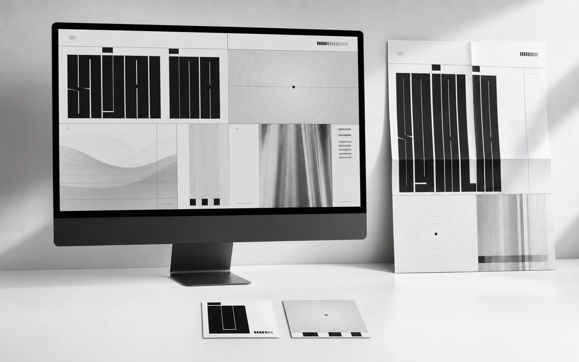 A monochrome brand and website system presented on a desktop display with coordinated printed pieces.