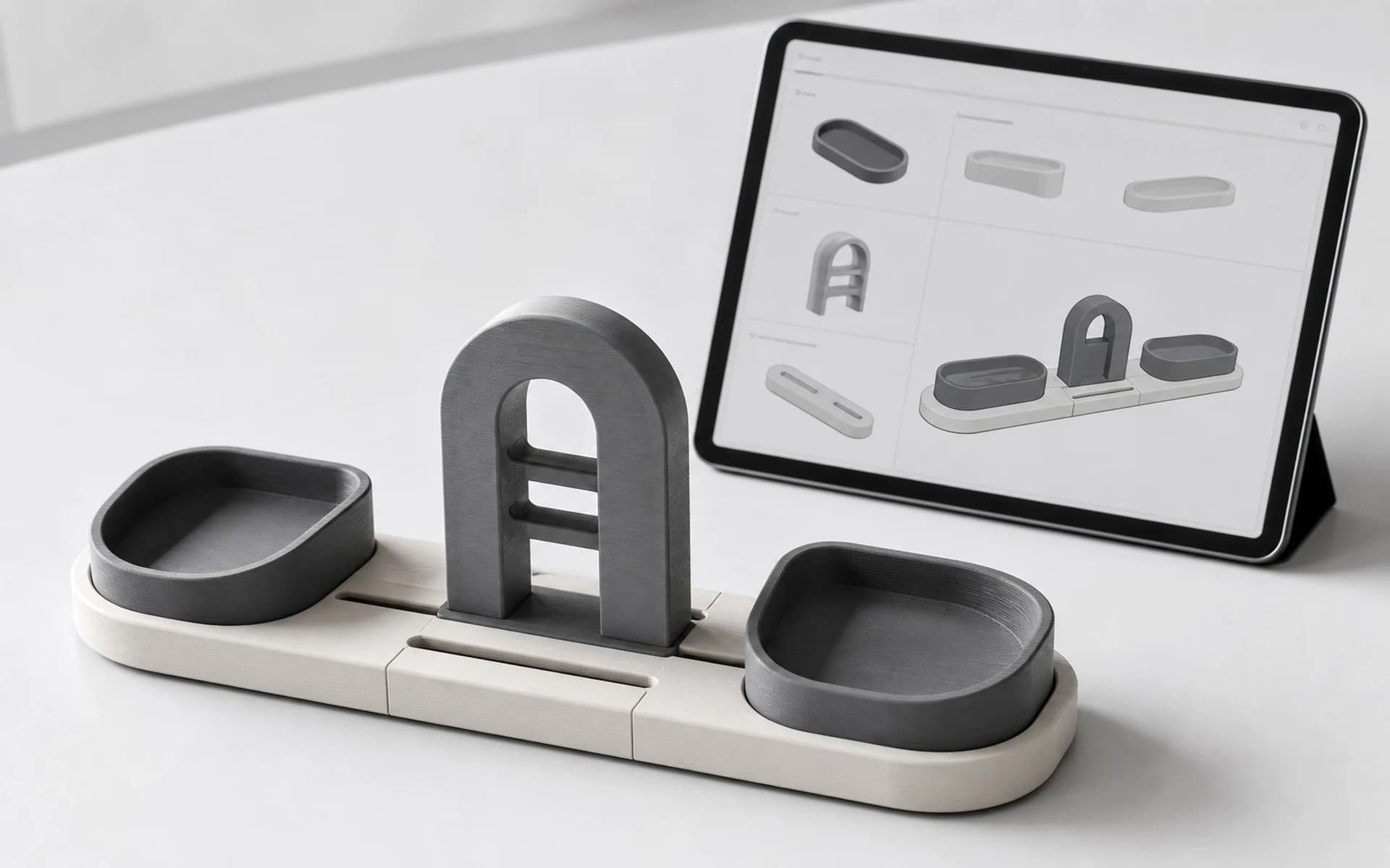 A modular FDM desktop organizer shown beside its monochrome digital configurator.