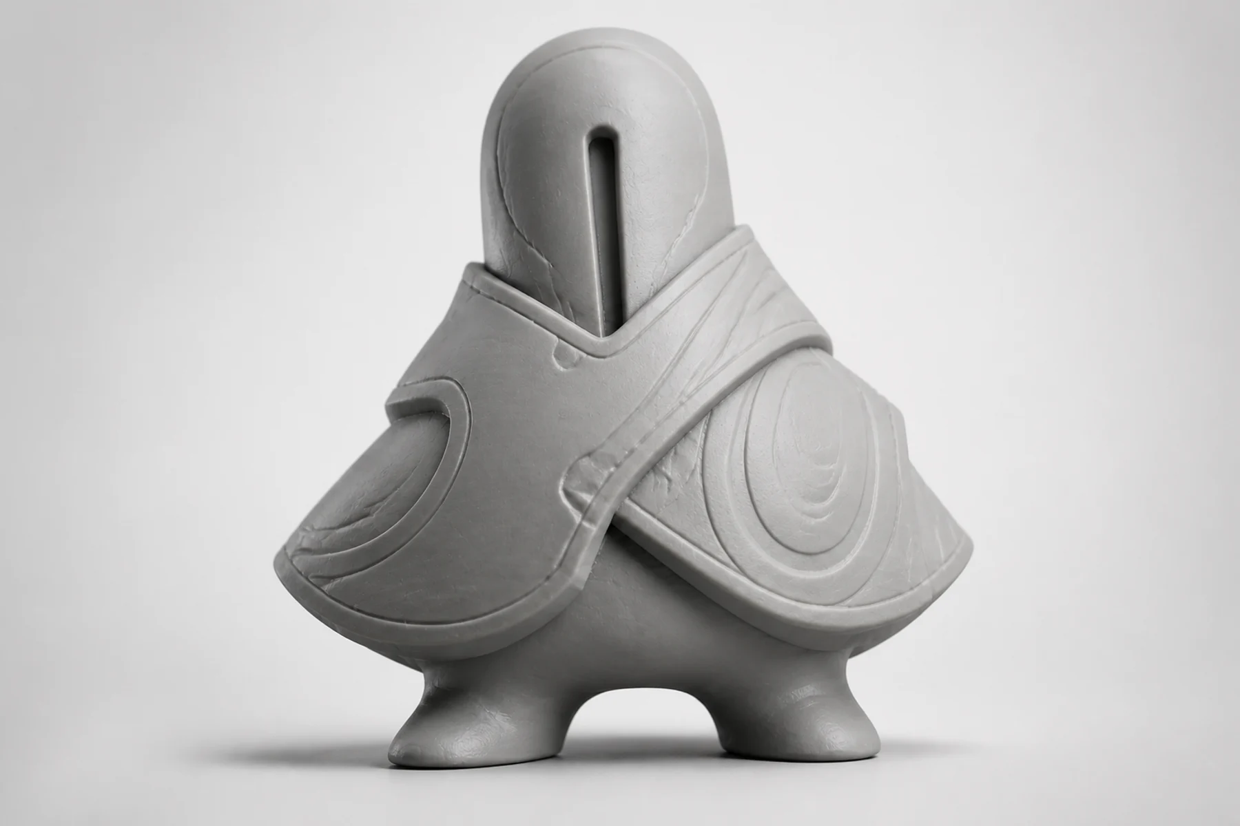 A refined close view of the cleaned and matte-primed Small Gods resin print.