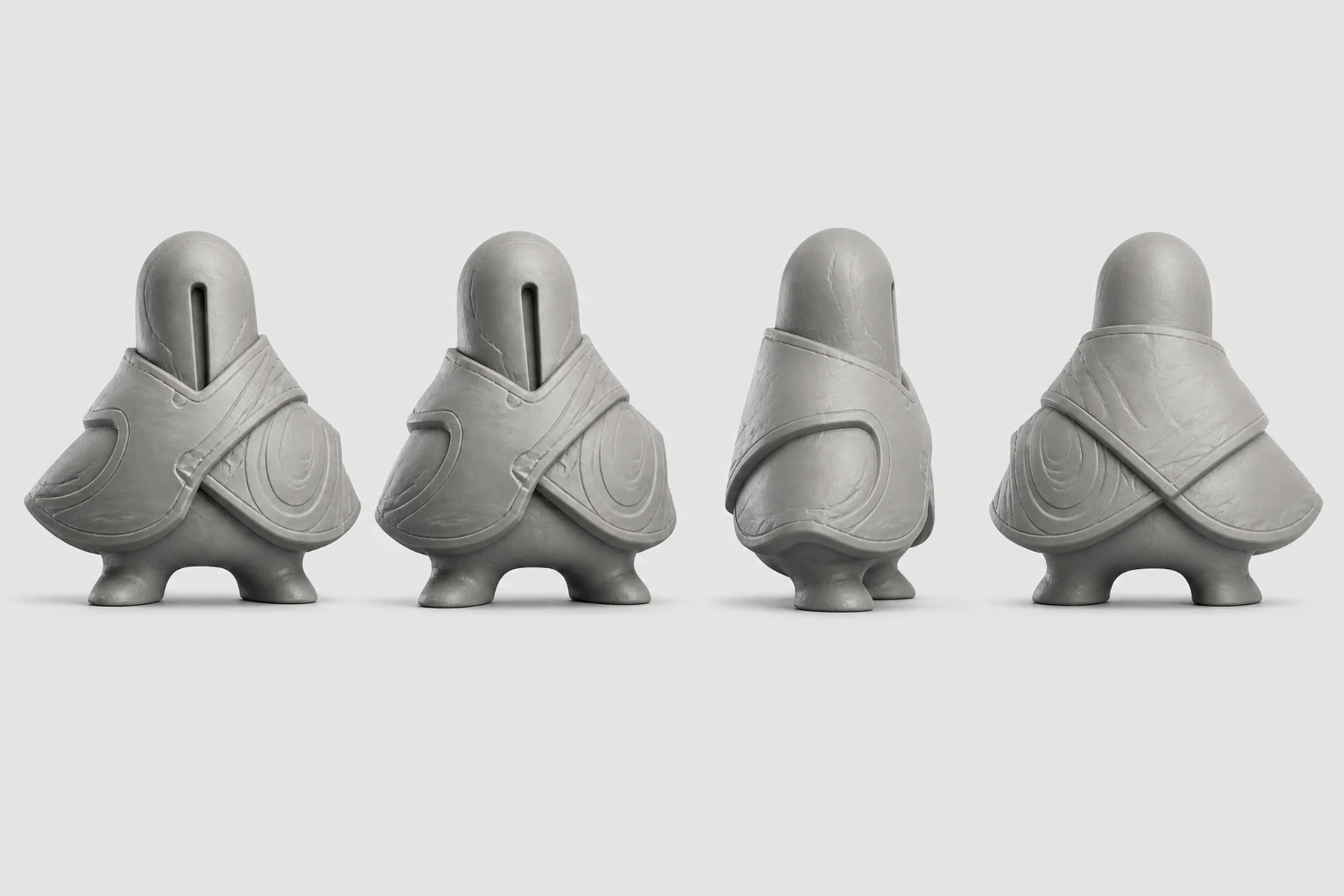 Front, three-quarter, side, and back views of the Small Gods character sculpt.