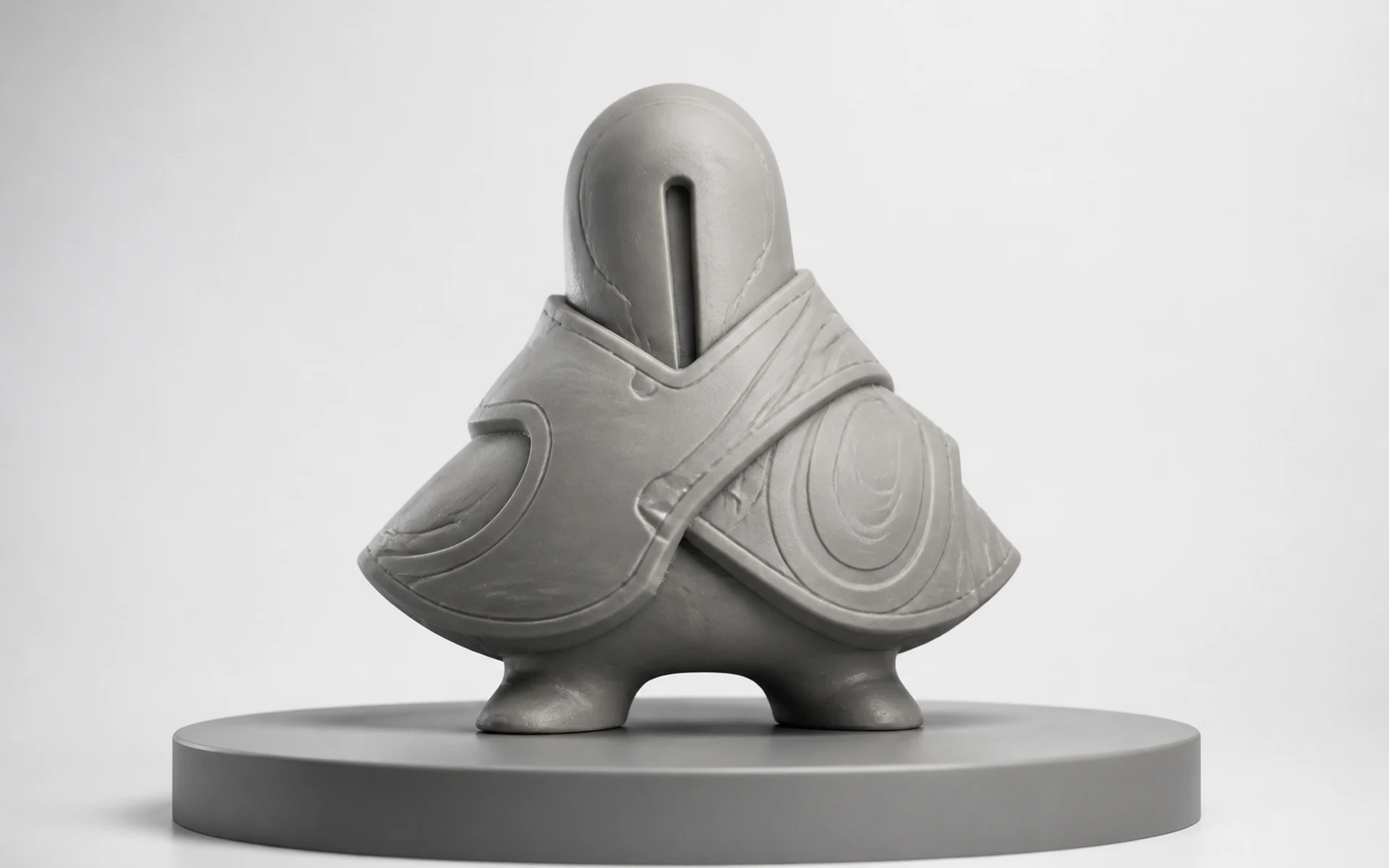 A finished grey resin guardian collectible displayed on a circular studio plinth.